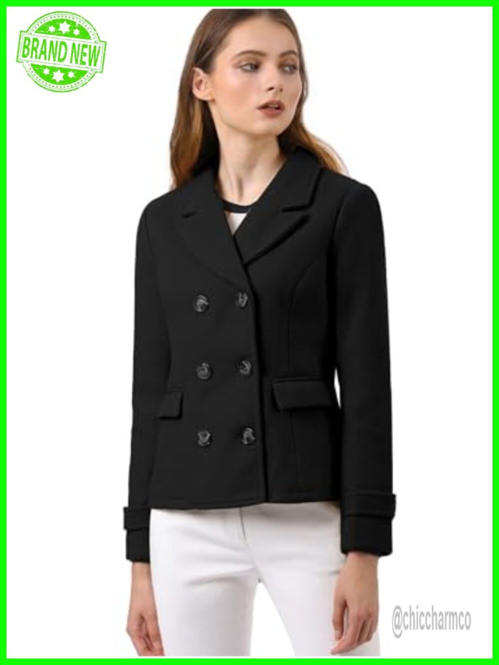 Elegant Notched Lapel Double Breasted Short Pea Coat Belt Cuffs